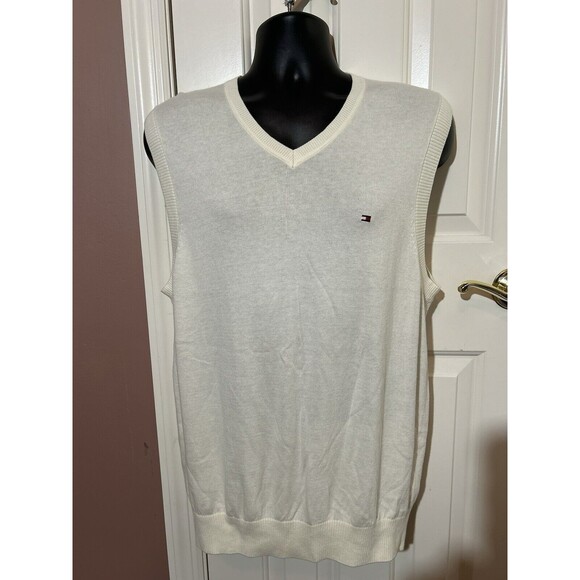 Tommy Hilfiger Sweater Vest Mens Large Cream Color Cotton Blend New - Picture 1 of 9